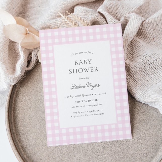 Pale Pink Gingham Classic Girls Baby Shower Invitation (Creator Uploaded)