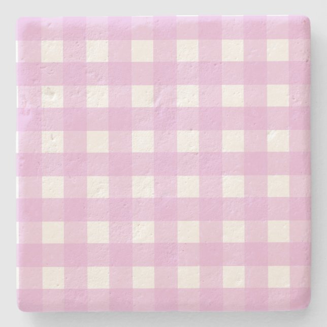 Pale pink gingham stone coaster (Front)