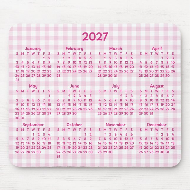 Pale Pink Gingham Whimsical 2027 Calendar Mouse Pad (Front)