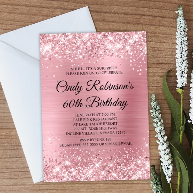 Pale Pink Glitter and Foil 60th Birthday Invitation (Create your own pale pink birthday invitation.)
