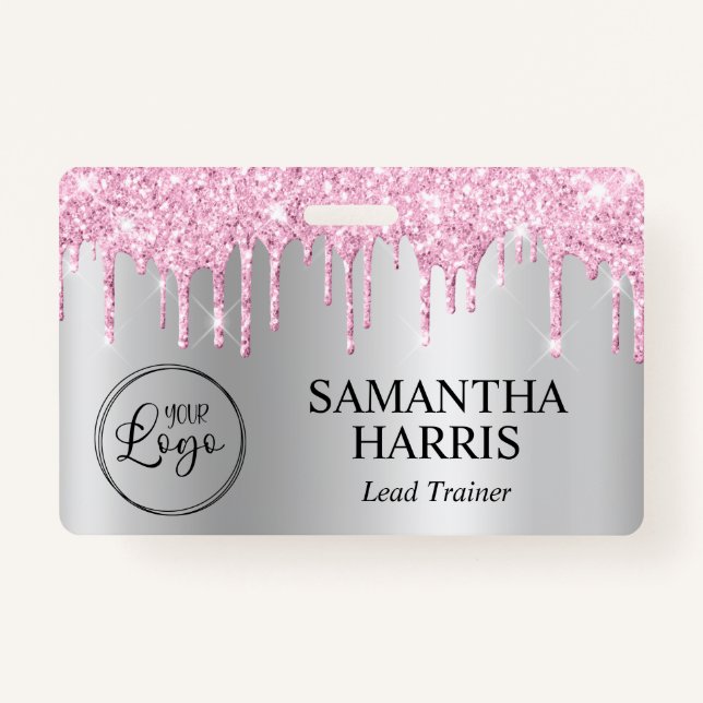 Pale Pink Glitter Drips Silver Shimmer ID Badge (Front)