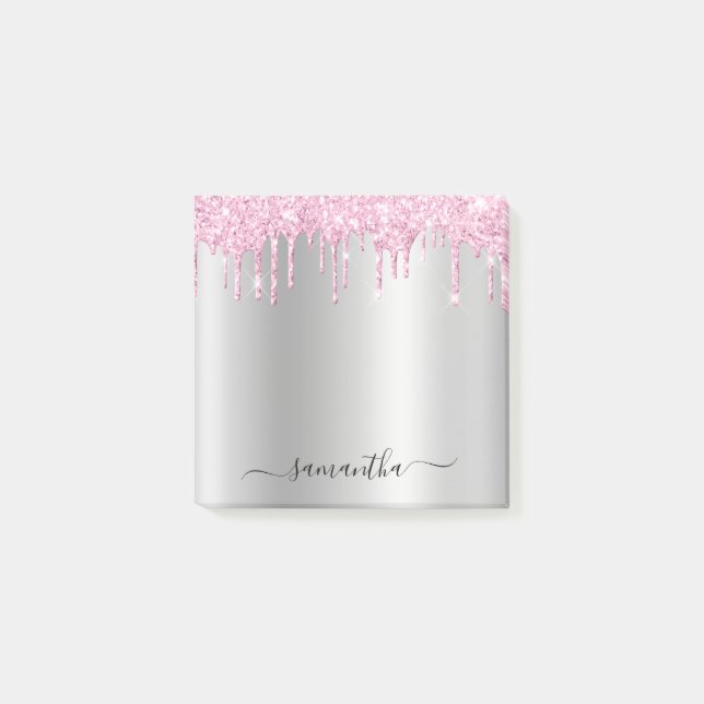 Pale Pink Glitter Drips Silver Shimmer Post-it Notes (Front)