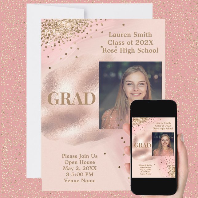 Pale Pink Gold Glitter Photo Graduation Invitation (Creator Uploaded)