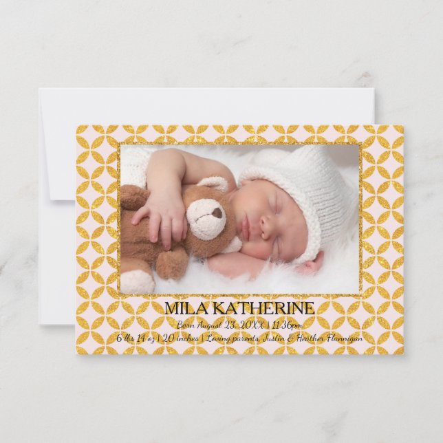 Pale Pink Gold Pattern - 3x5 Birth Announcement (Front)