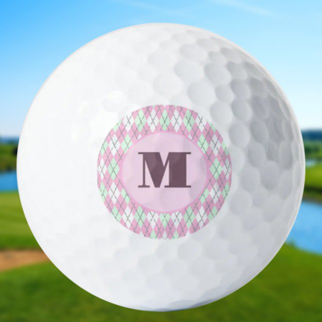 Pale pink green argyle custom monogram ladies golf balls (Creator Uploaded)