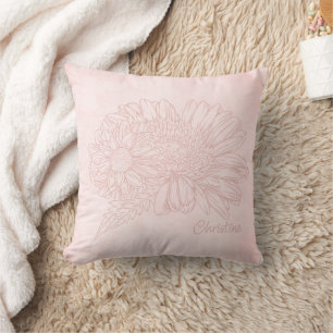 Pale Pink Grunge with Name and Chrysanthemums Cushion
