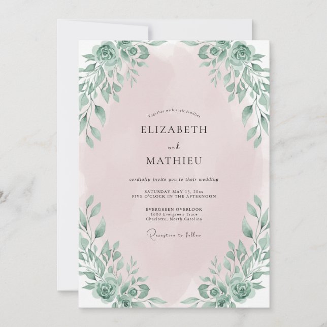 Pale Pink Leafy Wedding Invitation (Front)