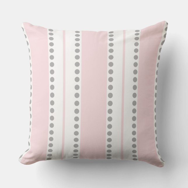 Pale Pink Light Grey White Polka Dots Stripes | Cushion (Front)