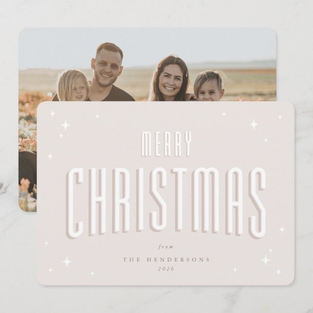 Pale Pink Merry Christmas Retro Stars Flat Photo Holiday Card (Front/Back)