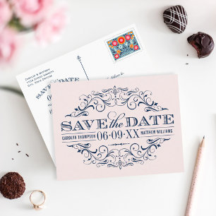 Pale Pink Navy Scrollwork Save the Date Announcement Postcard