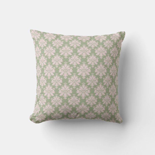 pale pink on sage green ornate damask pattern cushion (Front)