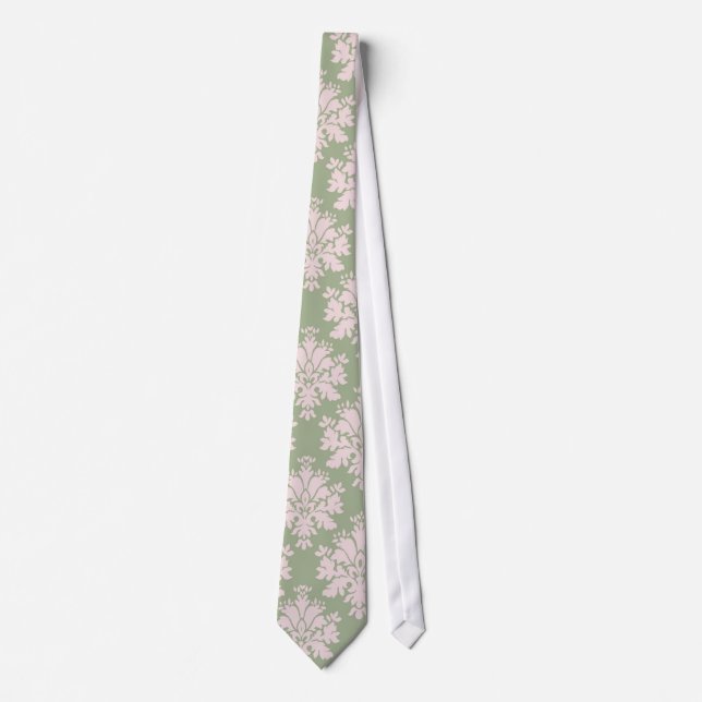 pale pink on sage green ornate damask pattern tie (Front)