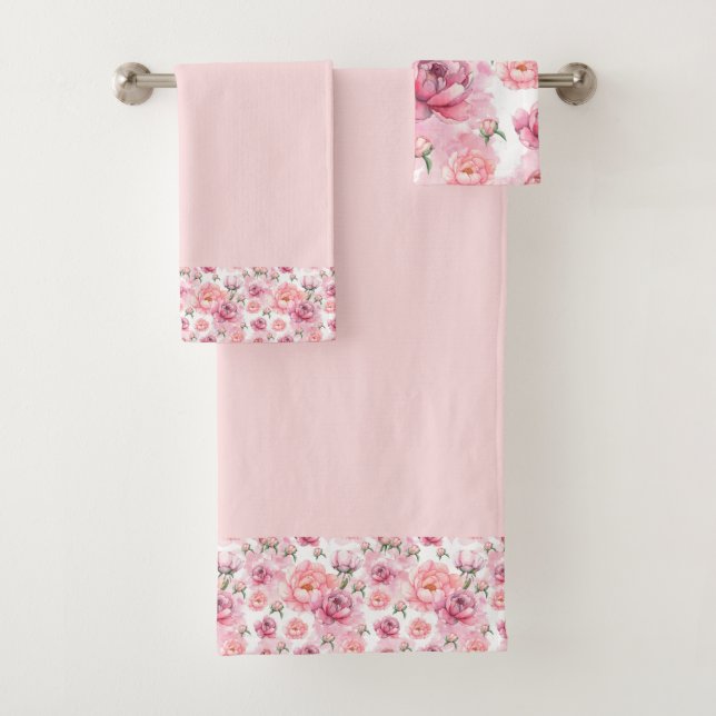 Pale Pink Peonies on Pink Background Bath Towel Set (Insitu)