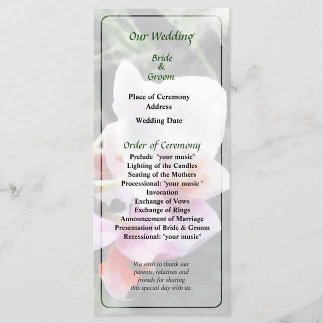 Pale Pink Phalaenopsis Orchids Wedding Program (Front)