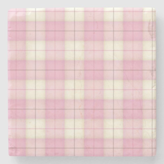 Pale Pink Plaid Tartan Stone Coaster (Front)