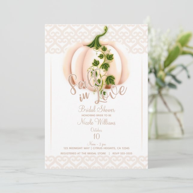 Pale Pink Pumpkin FALL IN LOVE Bridal Shower Invitation (Standing Front)
