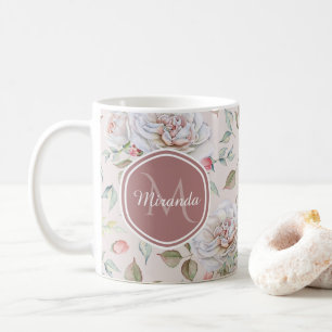 Pale Pink Rose Pattern With Monogram and Name Coffee Mug