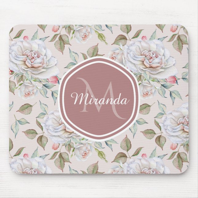 Pale Pink Rose Pattern With Monogram and Name Mouse Pad (Front)