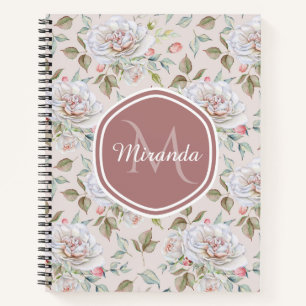 Pale Pink Rose Pattern With Monogram and Name Notebook