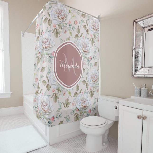 Pale Pink Rose Pattern With Monogram and Name Shower Curtain (In Situ)