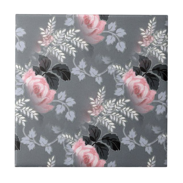 Pale Pink Roses And Grey Leafs Ceramic Tile (Front)