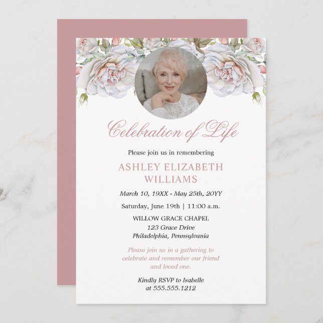 Pale Pink Roses Floral Celebration of Life Invitation (Front/Back)