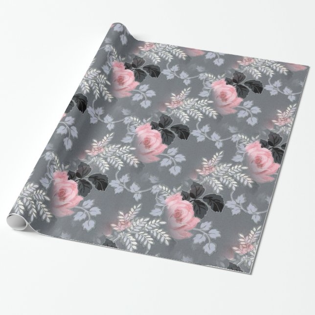 Pale Pink Roses Over Grey Background Wrapping Paper (Unrolled)