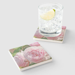 "PALE PINK ROSES" TRAVERTINE STONE COASTER