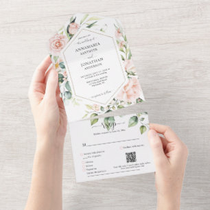 Pale Pink Roses Wedding All In One Invitation
