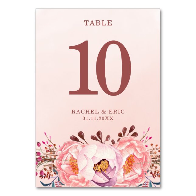 Pale Pink Ruby Floral Wedding Table Card (Front)