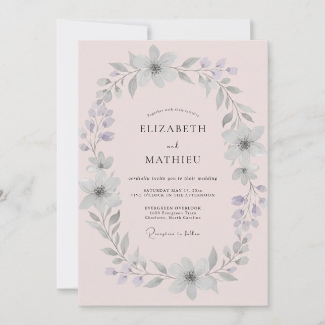 Pale Pink Silver Wreath Wedding Invitation (Front)