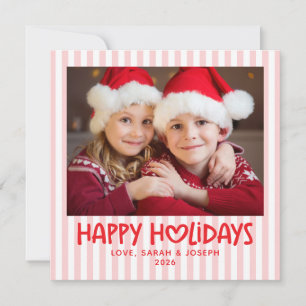 Pale Pink Stripes Heart Photo Happy Holiday Card