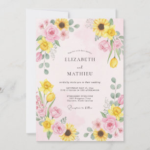 Pale Pink Sunflower Eucalyptus Wedding Invitation