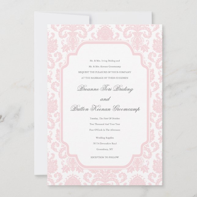 Pale Pink Wedding Damask Theme Customised Invitati Invitation (Front)