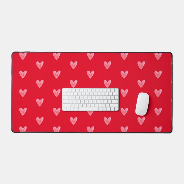 Pale Pinky Watercolor Hearts on Red  Desk Mat (Keyboard & Mouse)