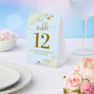 Pale Powder Blue & Gold Wedding Table Number