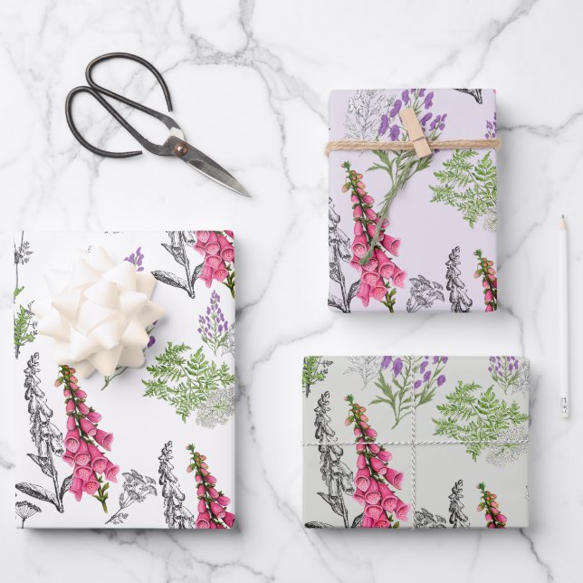 Pale Purple & Pink Pastel Poison Flower Line Art Wrapping Paper Sheet (Front)