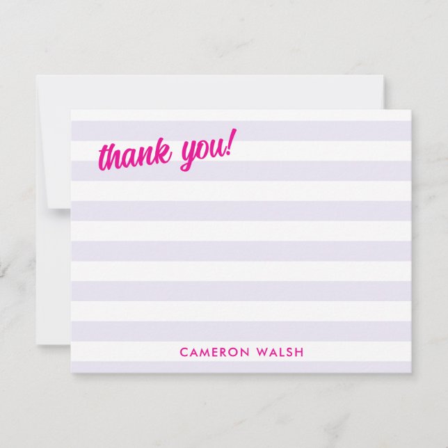 Pale Purple Stripes Hot Pink Thank You Add Name Card (Front)
