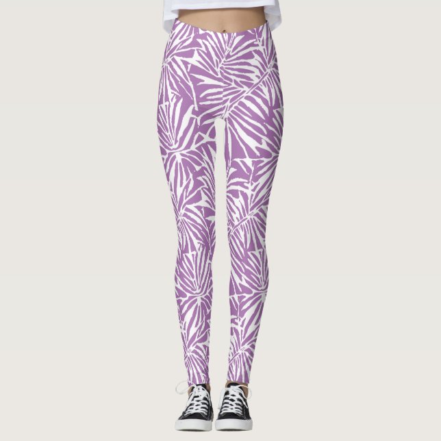 Pale Purple Tropical Leaf Repeating Pattern Leggings (Front)