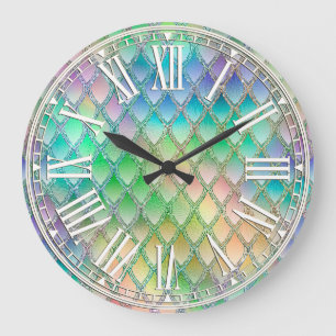 Pale Rainbow & Sparkles Dragon Scales Large Clock