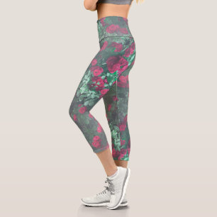 Pale Red Roses Green Leaves Flowers Capri Leggings