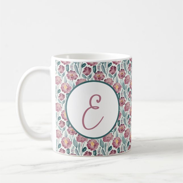 Pale red watercolor floral pattern monogram coffee mug (Left)