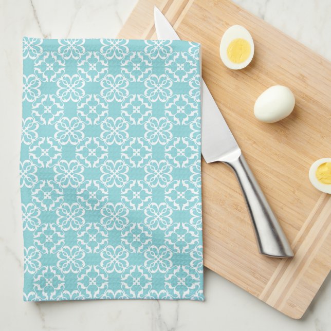 Pale Robin's Egg Blue & White Floral Lattice  Tea Towel (Quarter Fold)