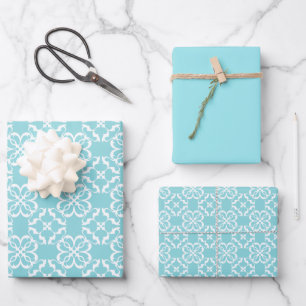 Pale Robin's Egg Blue & White Floral Lattice Wrapping Paper Sheet