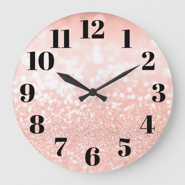 Pale Rose Gold Glam Bokeh Glitter Large Clock (Front)