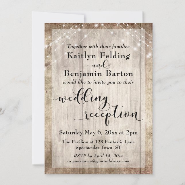 Pale Rustic Wood and Lights Wedding Reception Only Invitation (Front)