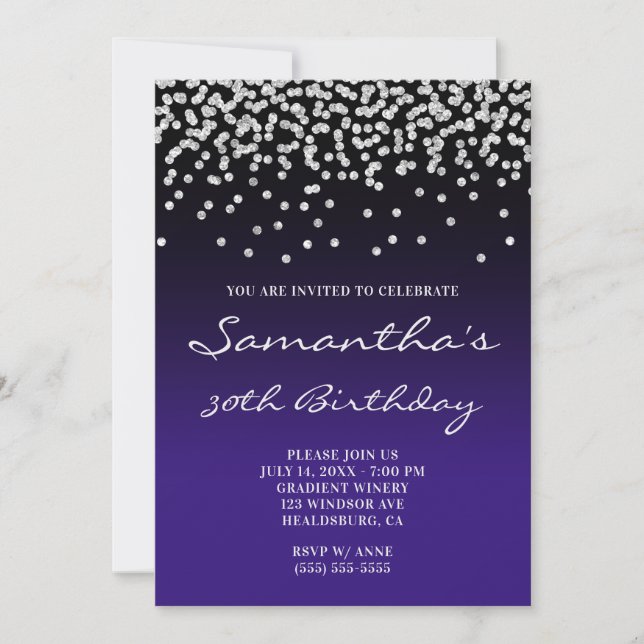 Pale Silver Glitter Confetti Black Indigo Gradient Invitation (Front)