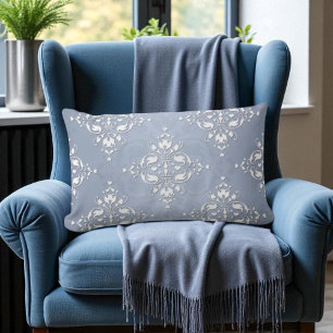 Pale Silvery Blue Damask Lumbar Cushion