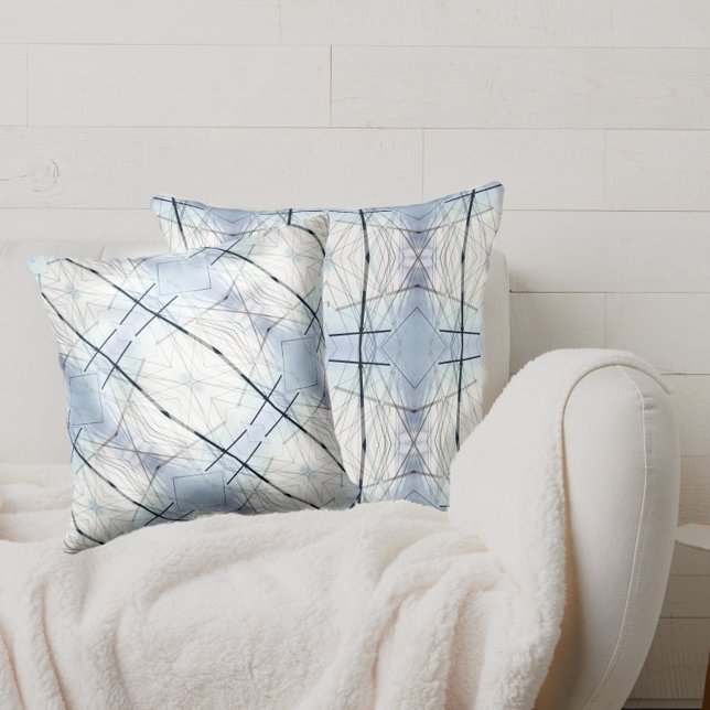 Pale Sky Blue White and Black Line Abstract Cushion (Creator Uploaded)
