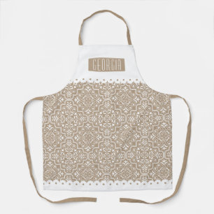 Pale taupe damask pattern scalloped borders apron